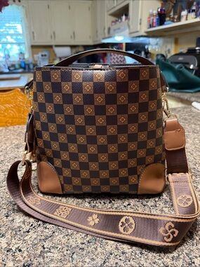 Checkerboard Brown Satchel with Patterned Strap